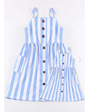 Momma and me Blue stripe dress with pockets