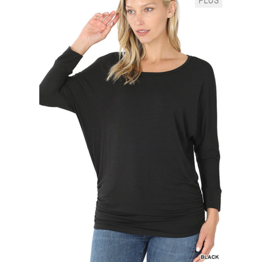 LUXE RAYON BOAT NECK 3/4 SLEEVE TOP SHIRRED