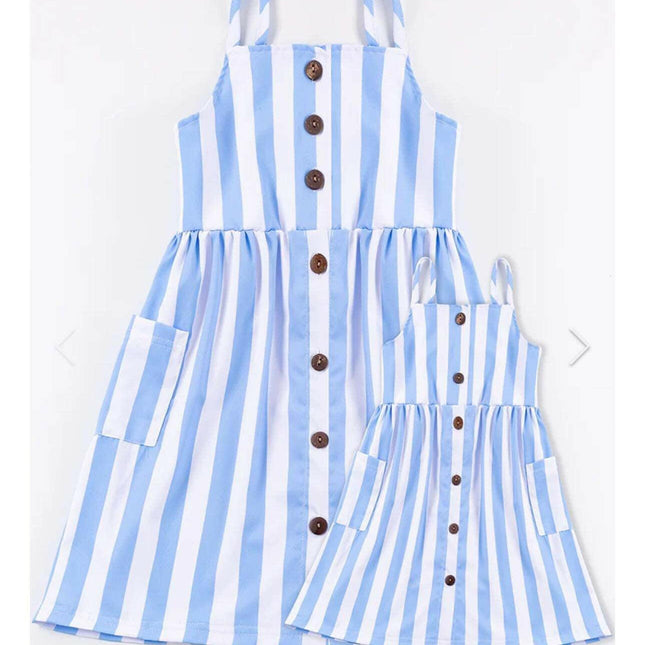 Momma and me Blue stripe dress with pockets