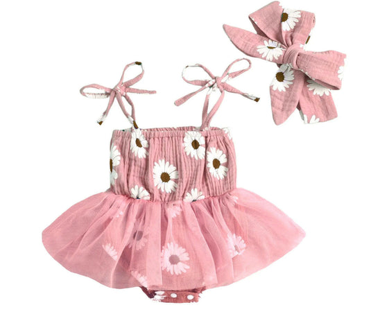 Muslin Daisy Printed Skirted Bubble with Headwrap