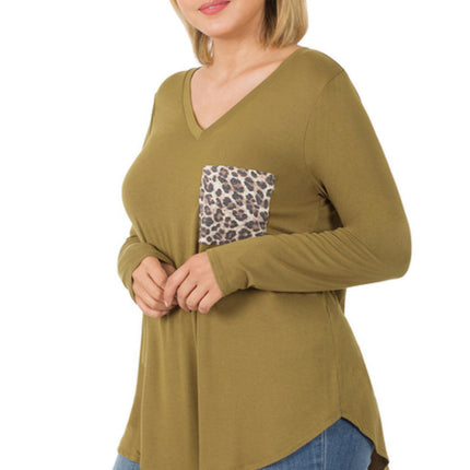 LUXE RAYON LONG SLV V-NECK LEOPARD POCKET TOP