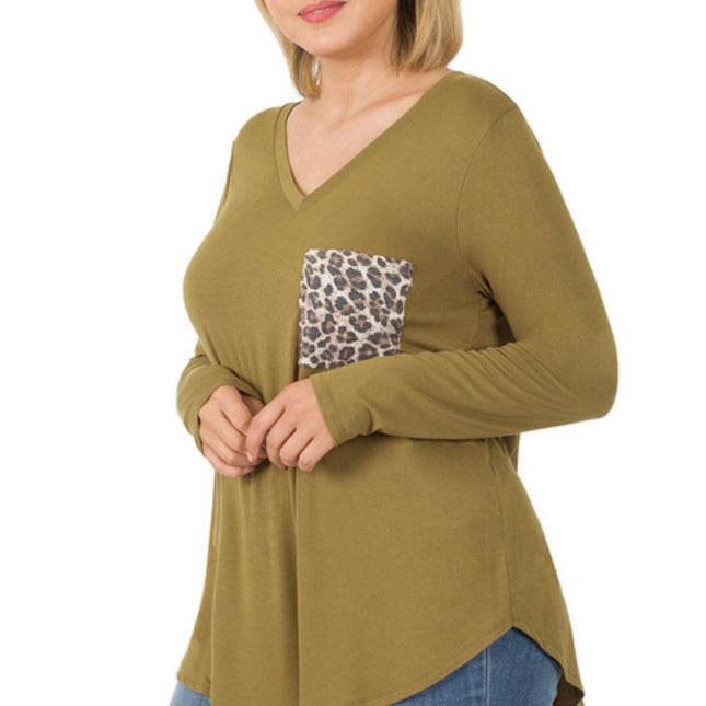LUXE RAYON LONG SLV V-NECK LEOPARD POCKET TOP