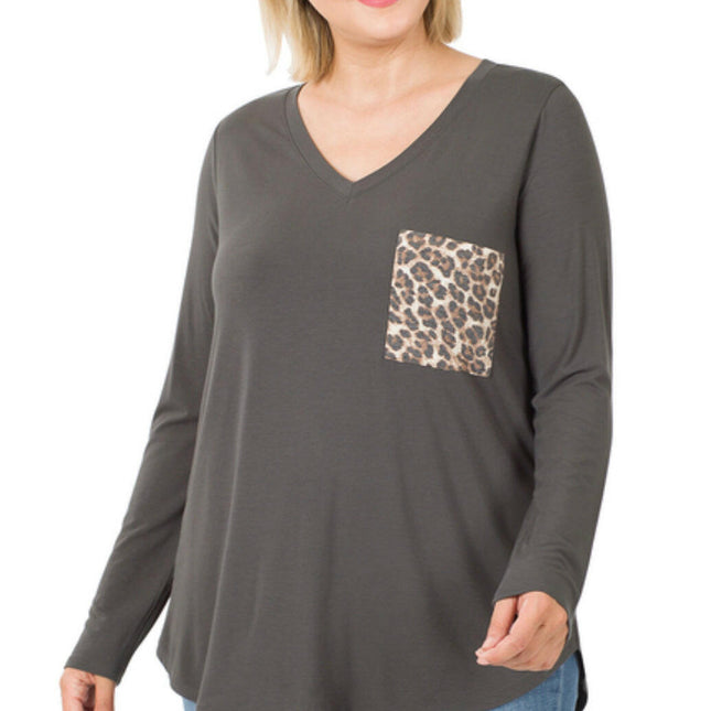 LUXE RAYON LONG SLV V-NECK LEOPARD POCKET TOP