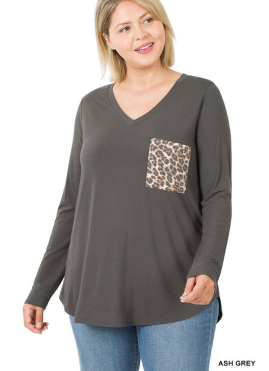 LUXE RAYON LONG SLV V-NECK LEOPARD POCKET TOP