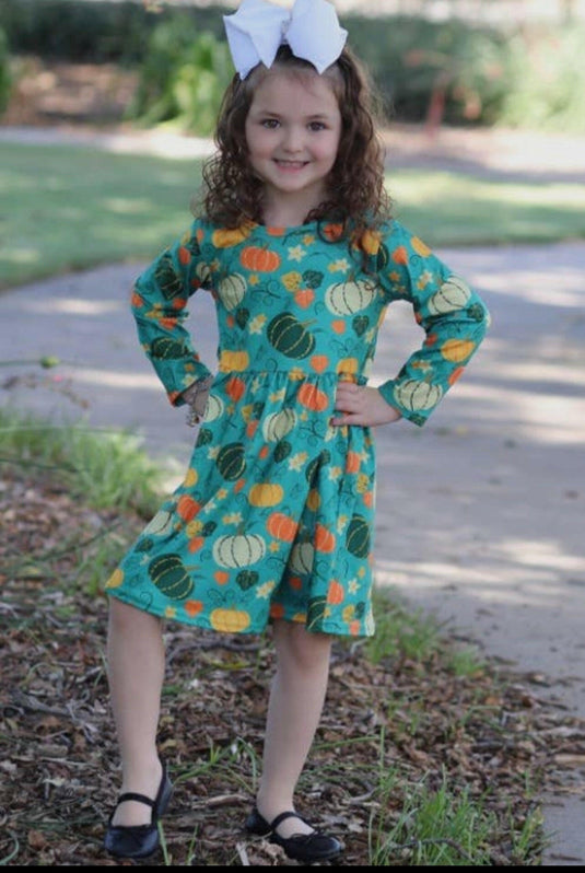 Green Pumpkin Printed long sleeve Dress