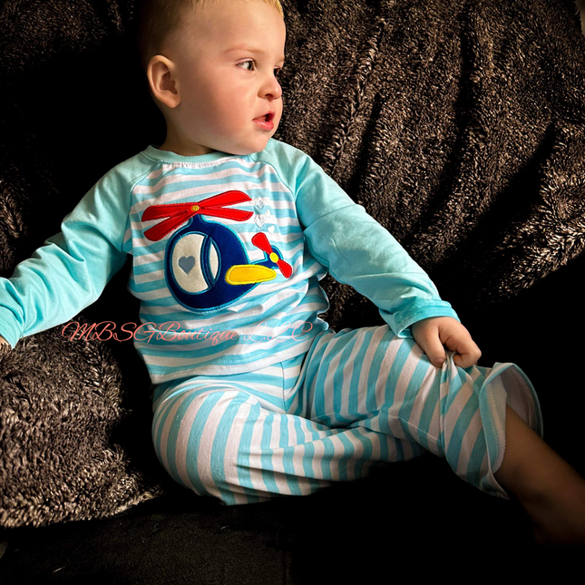 Blue stripe plane appliqué boy set