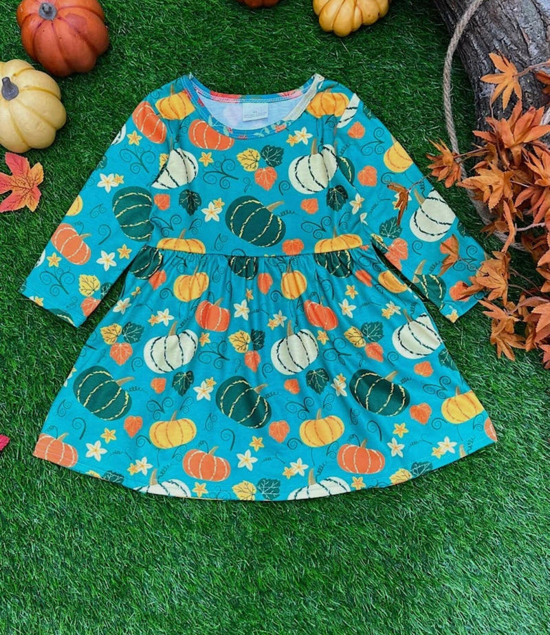 Load image into Gallery viewer, Green Pumpkin Printed long sleeve Dress
