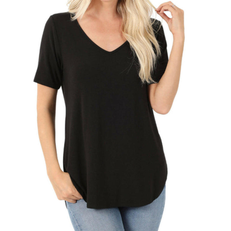 Load image into Gallery viewer, SHORT SLEEVE V-NECK HI-LOW HEM TOP
